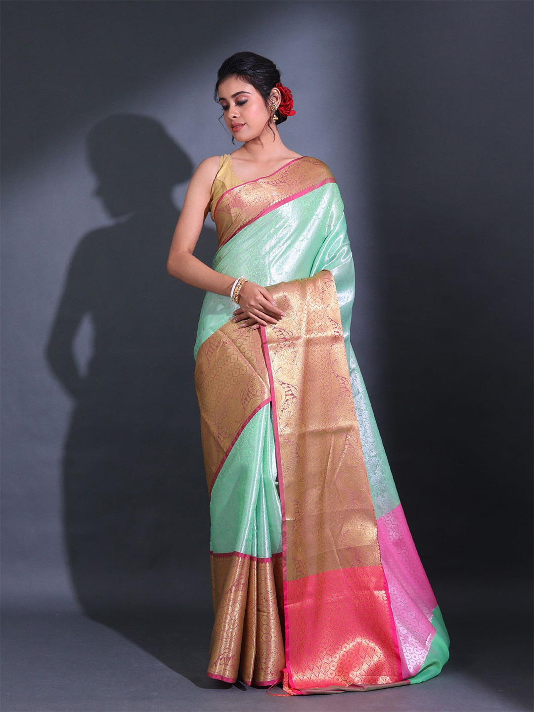 

Charukriti Ethnic Woven Design Zari Kanjeevaram Saree, Sea green