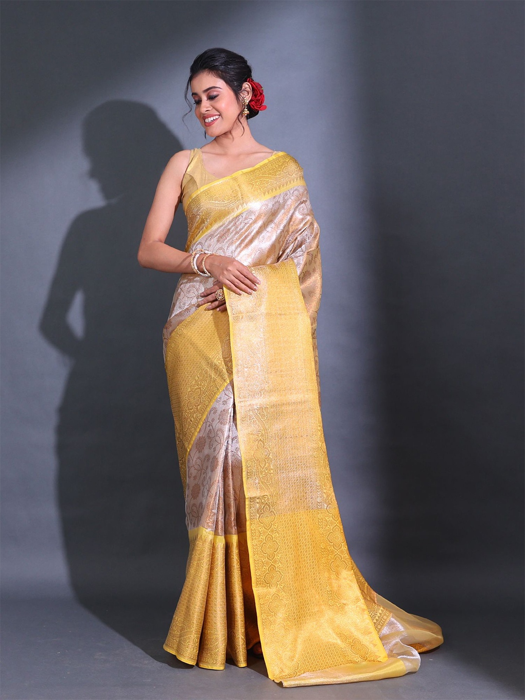 

Charukriti Floral Woven Design Zari Kanjeevaram Saree, Beige