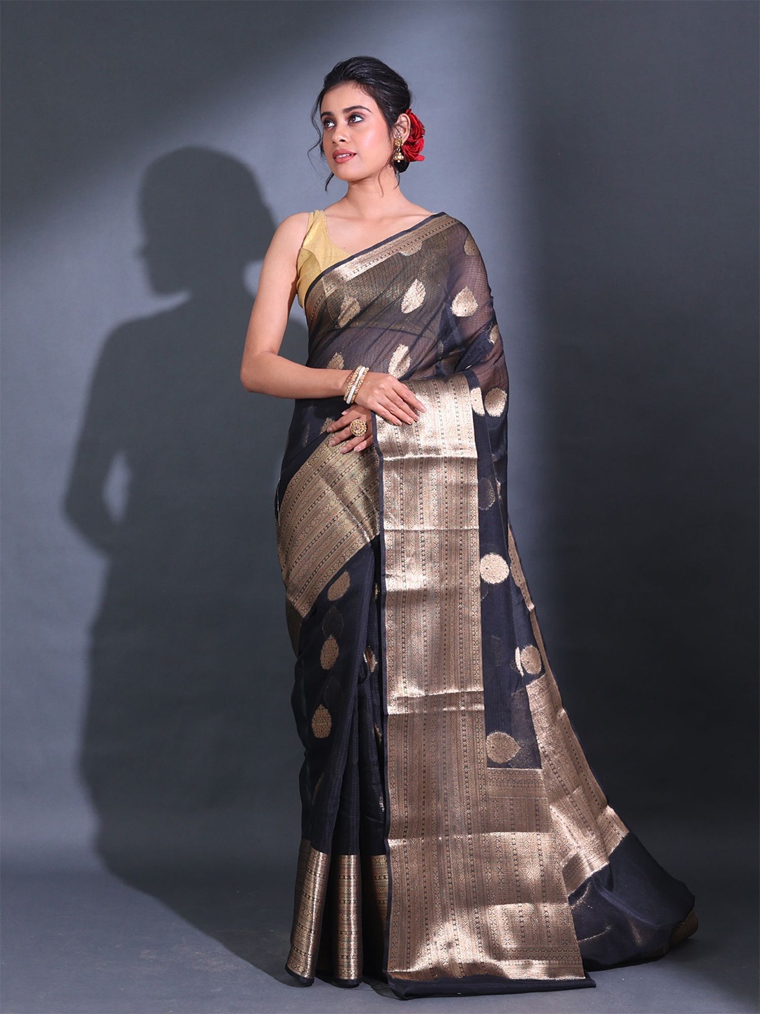 

Charukriti Floral Woven Design Zari Kota Saree, Black