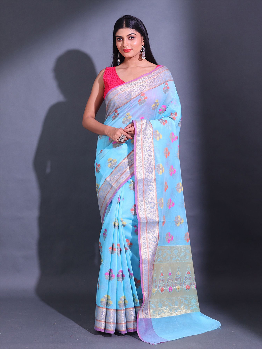 

Charukriti Floral Woven Design Zari Saree, Blue