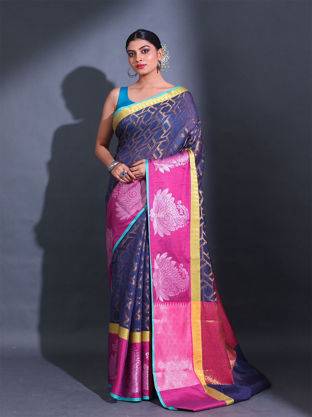 

Charukriti Geometric Woven Design Zari Saree, Navy blue