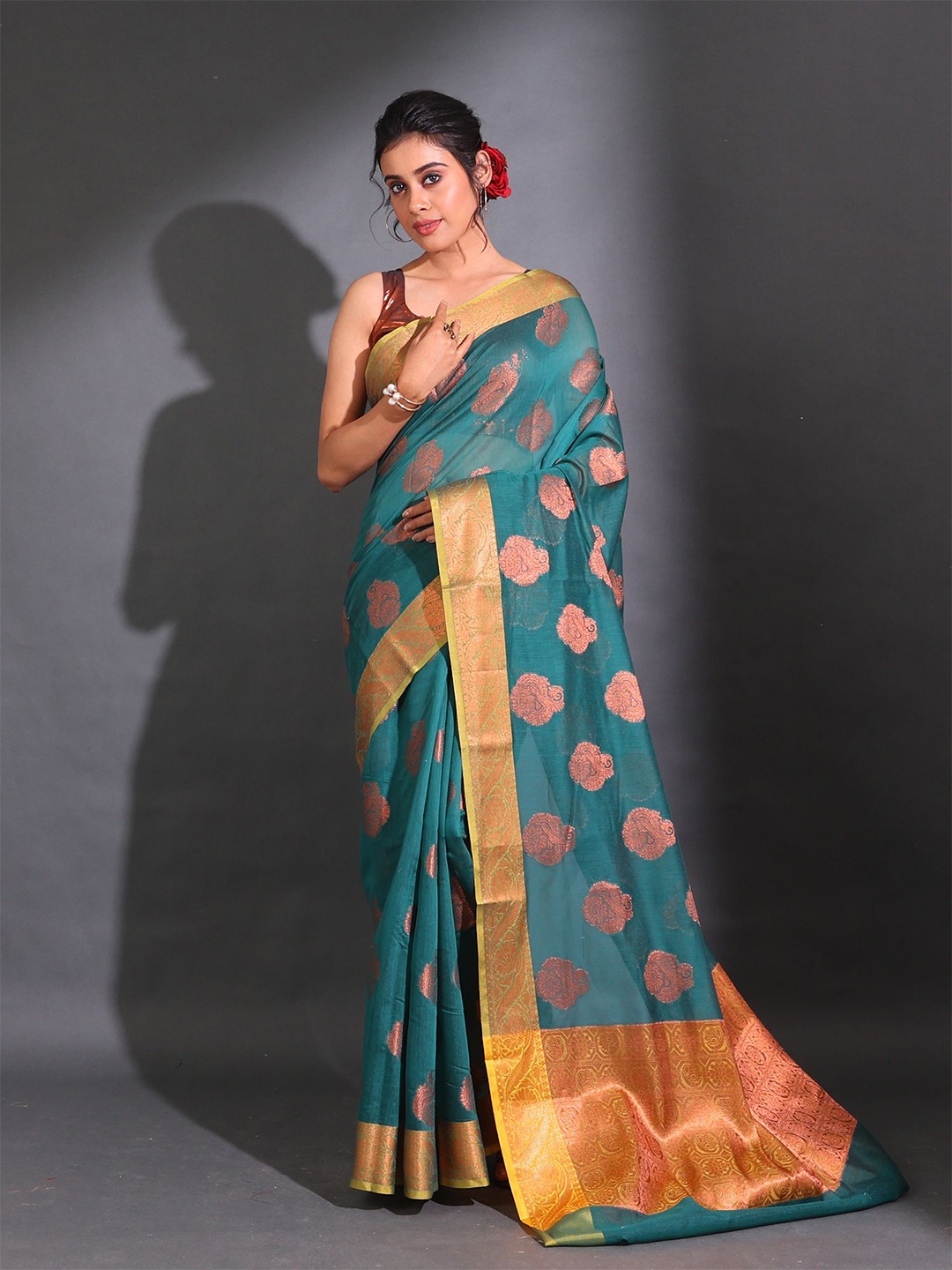

Charukriti Paisley Woven Design Zari Saree, Teal