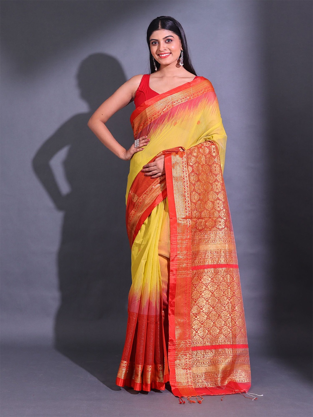 

Charukriti Ethinic Motifs Woven Design Zari Saree, Yellow