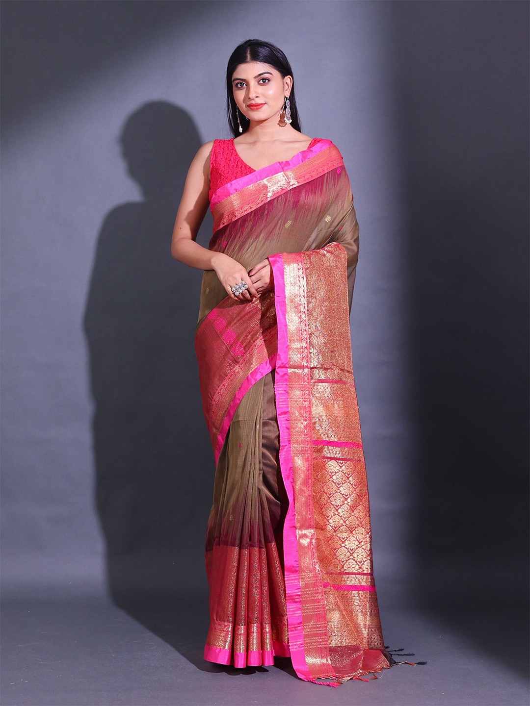 

Charukriti Ethinic Motifs Woven Design Zari Saree, Brown