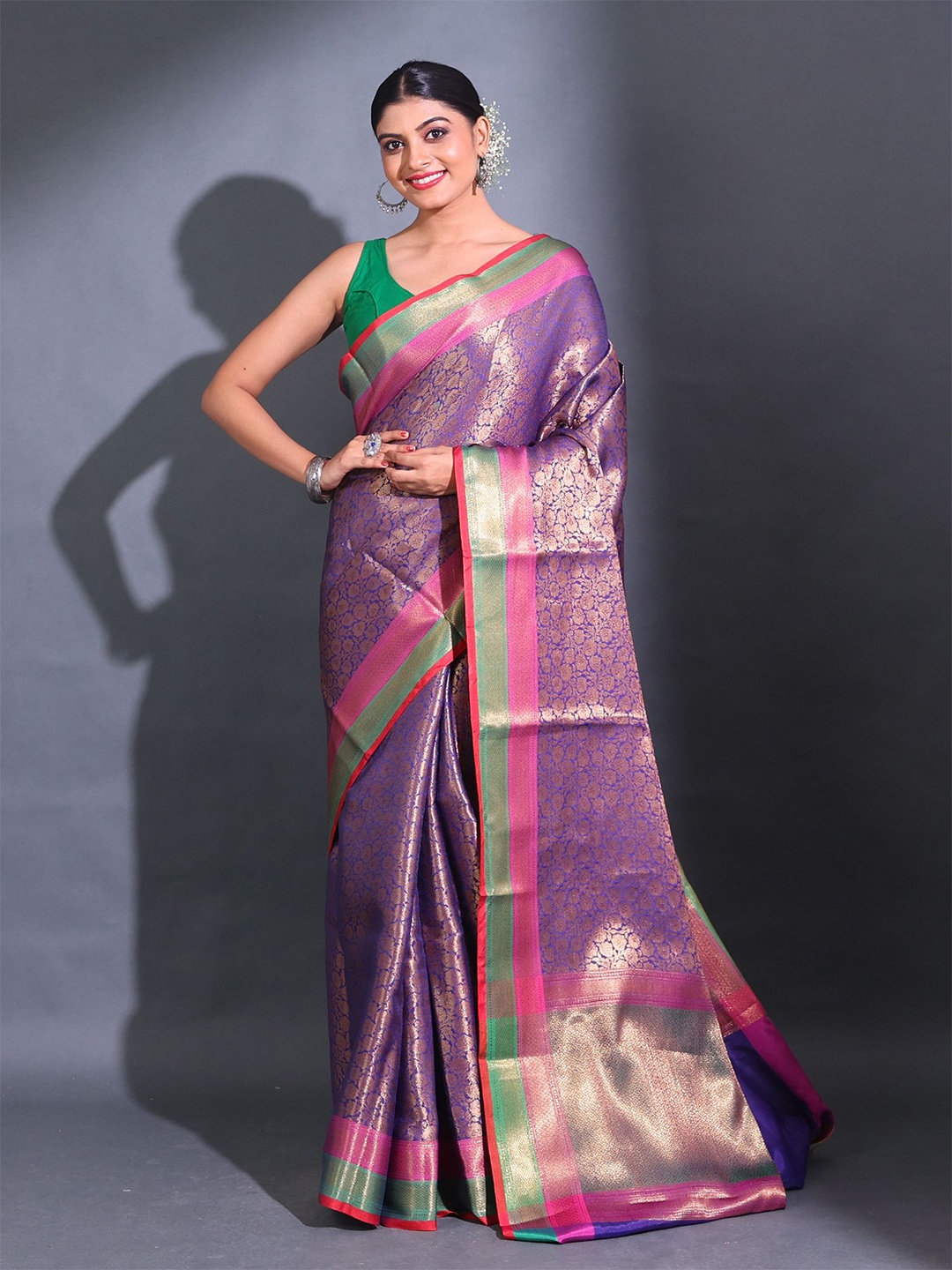 

Charukriti Floral Woven Design Zari Silk Blend Saree, Blue