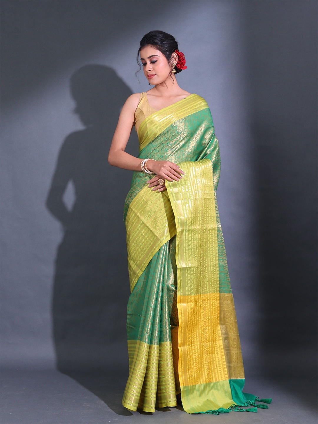

Charukriti Woven Design Zari Silk Blend Saree, Green
