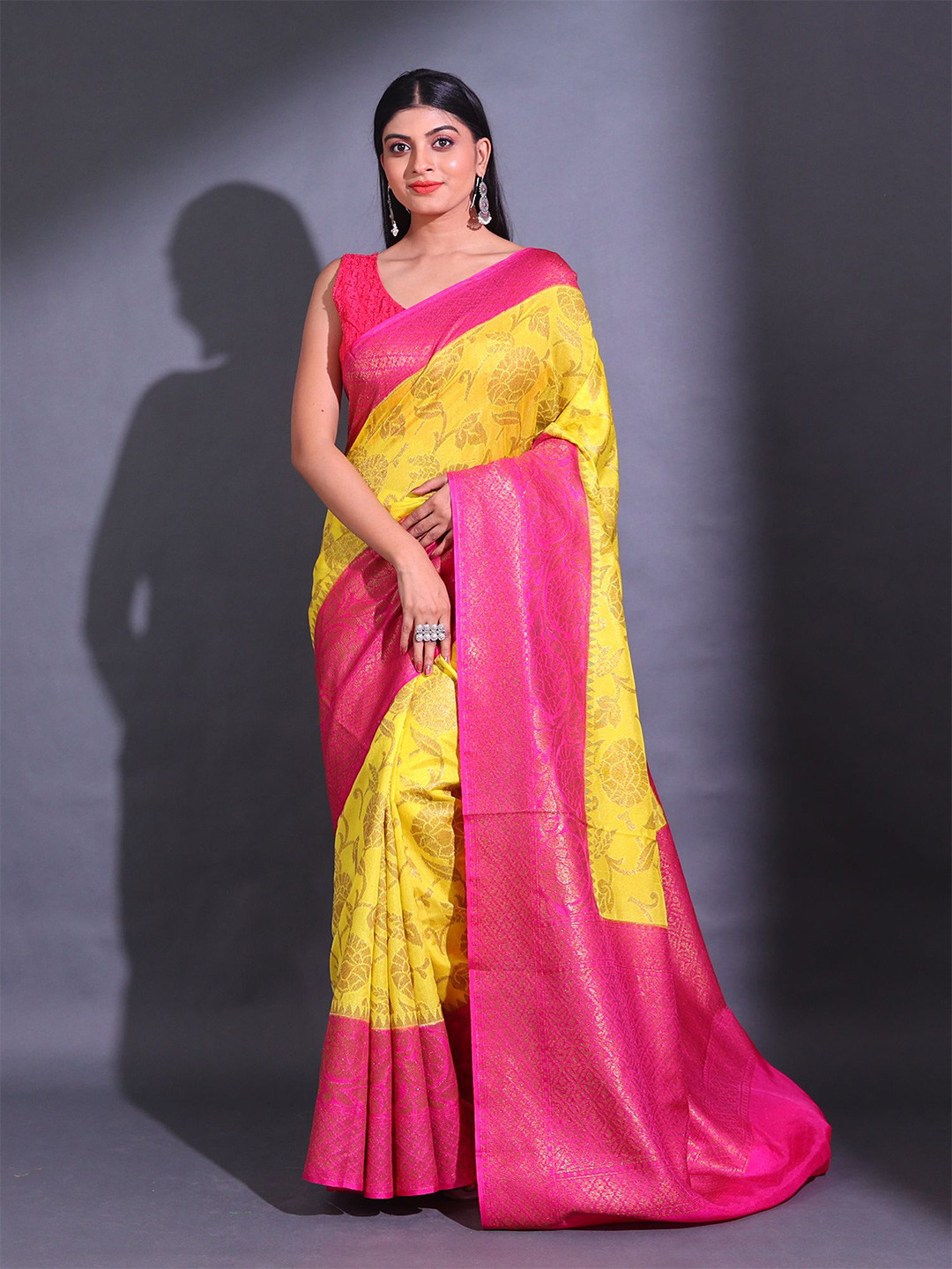 

Charukriti Woven Design Zari Silk Blend Saree, Yellow