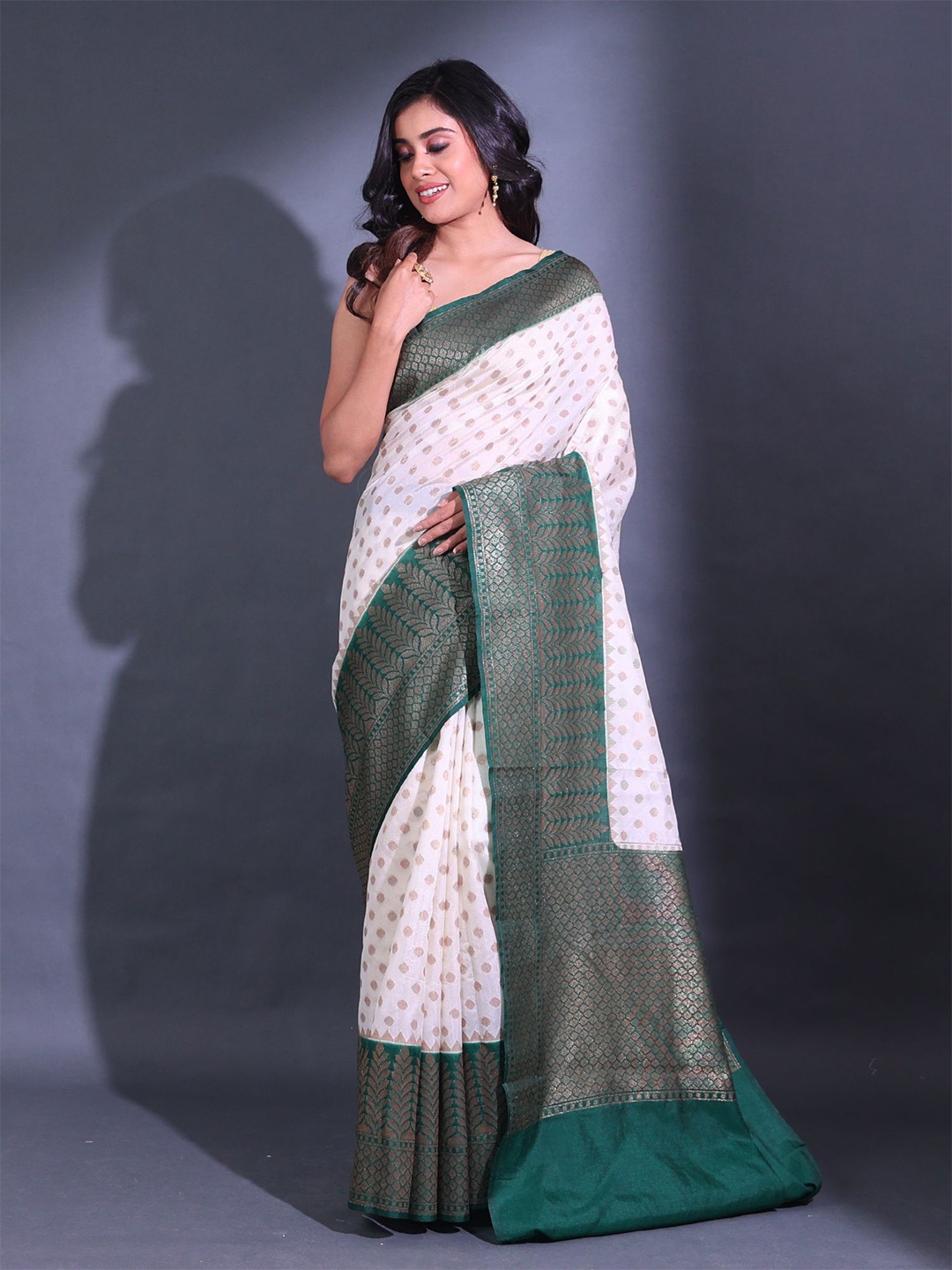 

Charukriti Woven Design Zari Silk Blend Saree, White