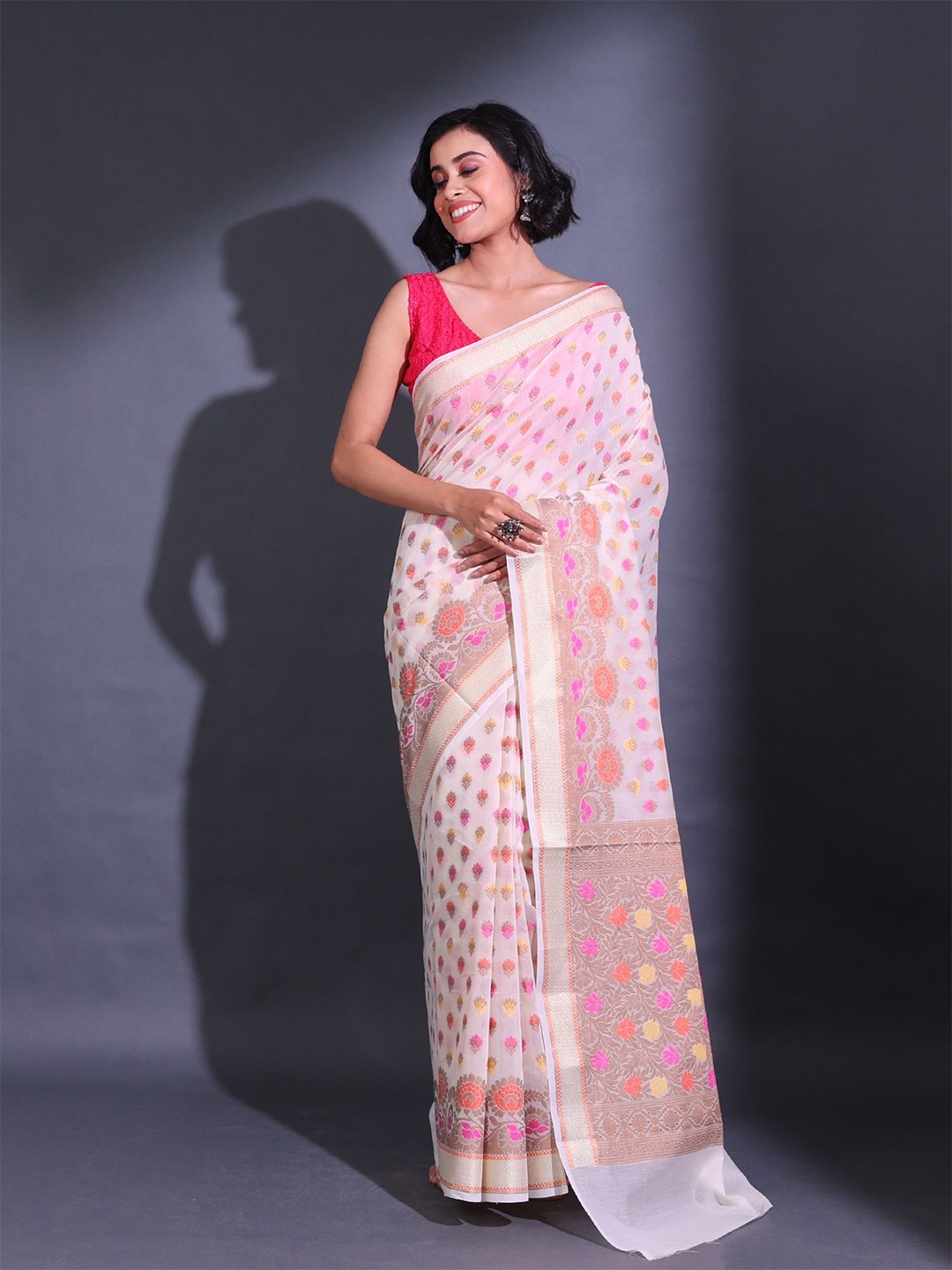 

Charukriti Floral Woven Design Zari Saree, White