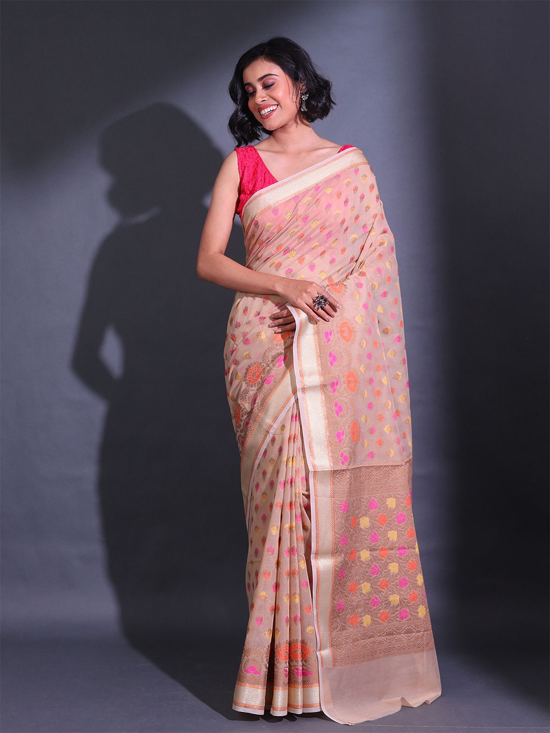 

Charukriti Floral Woven Design Zari Saree, Beige
