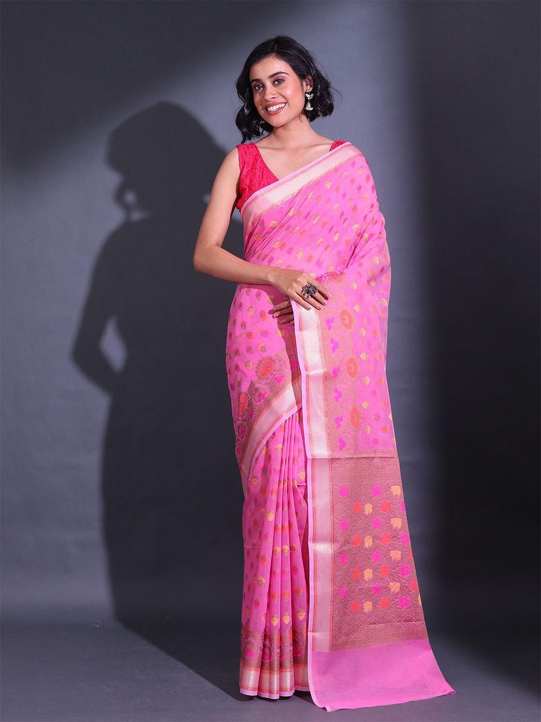 

Charukriti Floral Woven Design Zari Saree, Pink