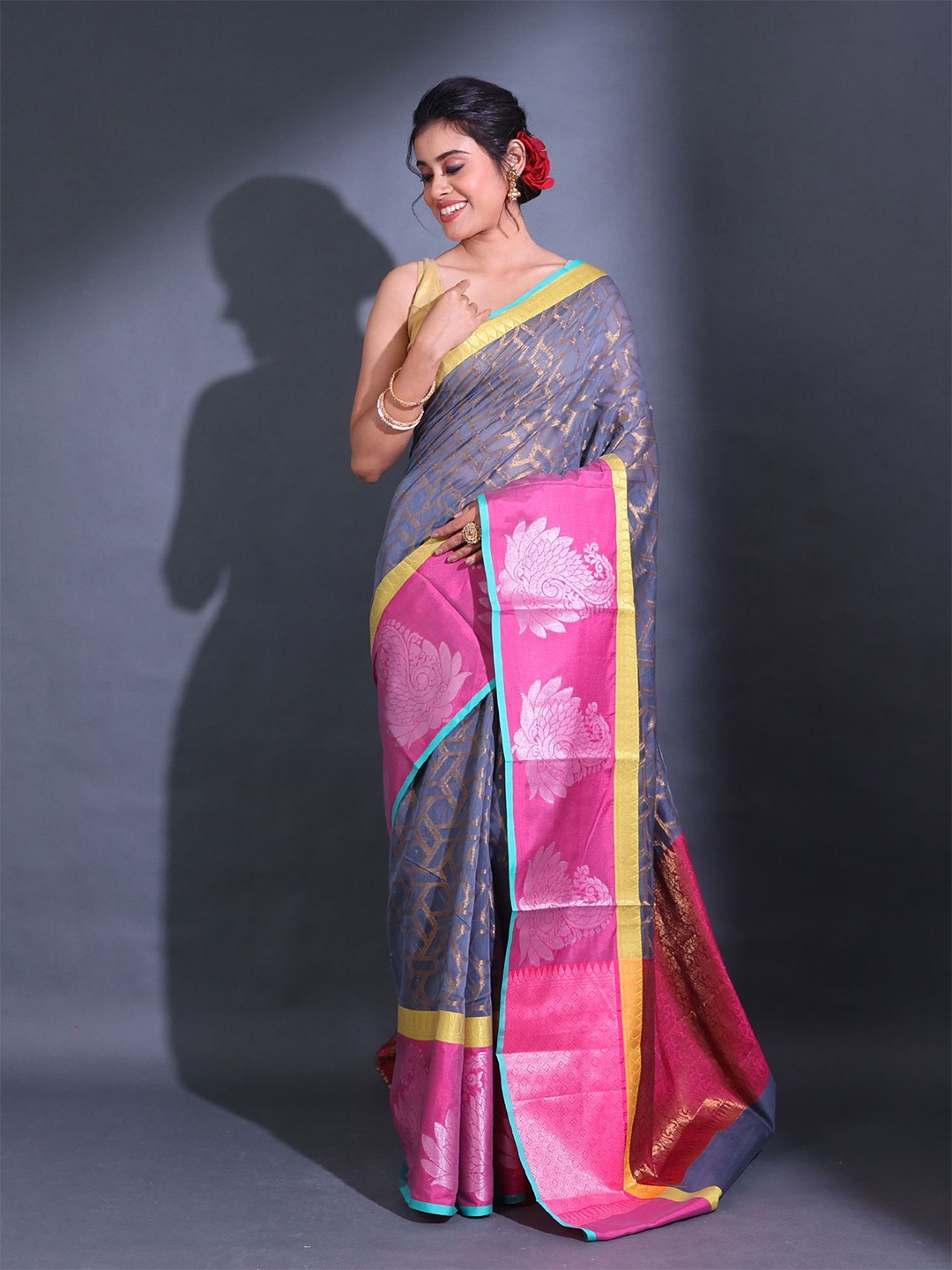 

Charukriti Geometric Woven Design Zari Saree, Grey