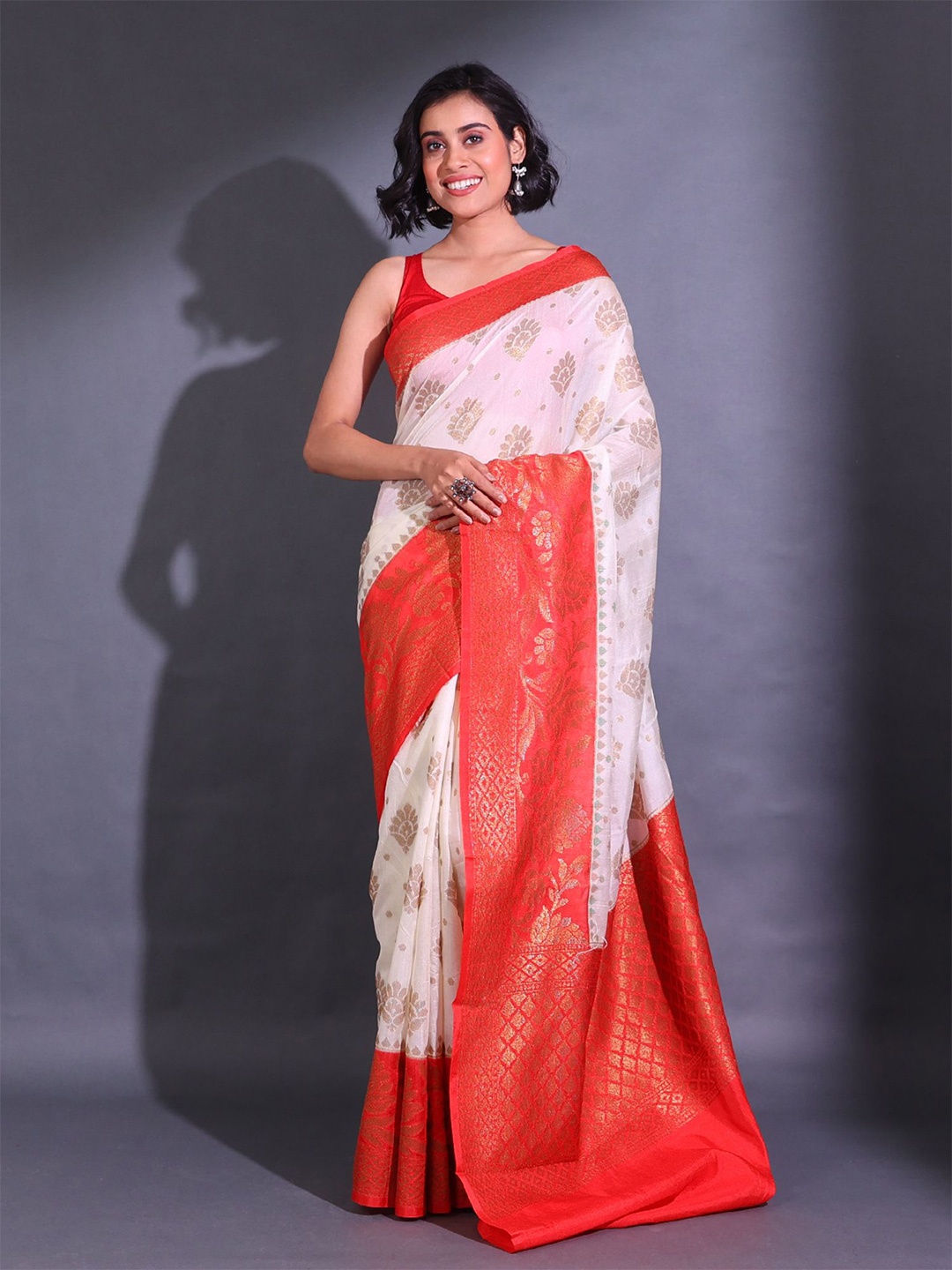 

Charukriti Woven Design Zari Silk Blend Saree, White