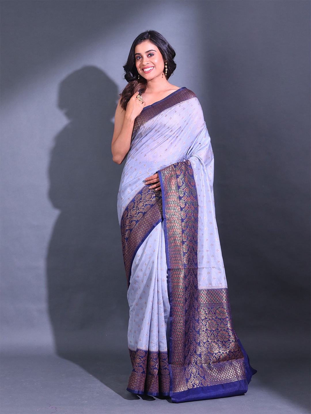

Charukriti Ethnic Motifs Woven Design Zari Silk Blend Saree, Grey