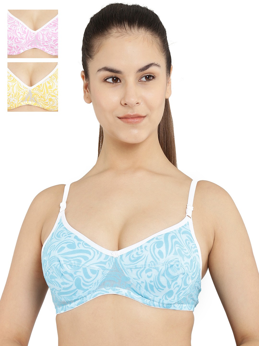 

Floret Pack of 3 Non-Wired Lightly Padded Push-Up Bras, Blue