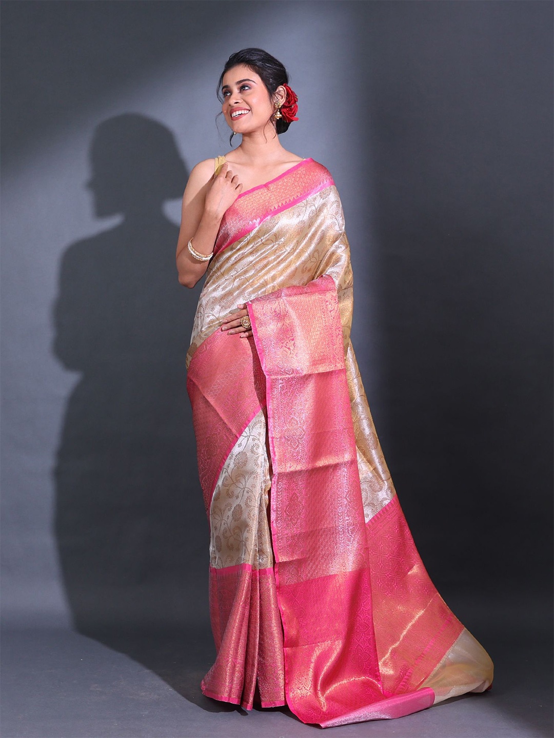 

Charukriti Floral Motif Woven Design Zari Kanjeevaram Saree, Beige