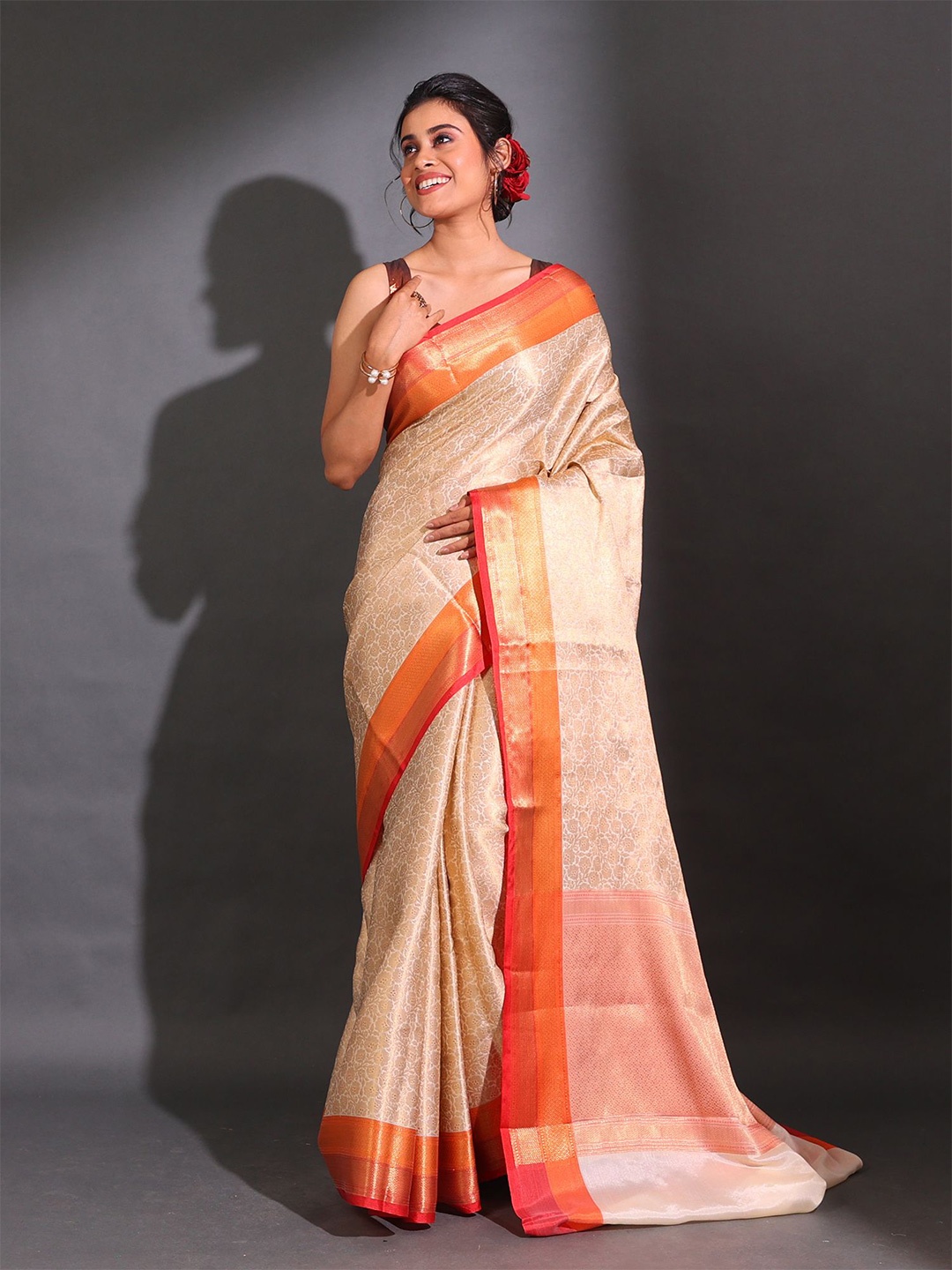 

Charukriti Floral Motif Woven Design Zari Saree, White