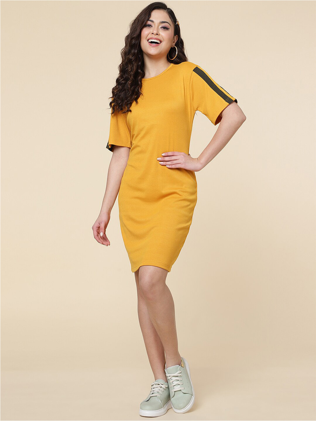 

J Turritopsis Round Neck Cotton Bodycon Dress, Yellow