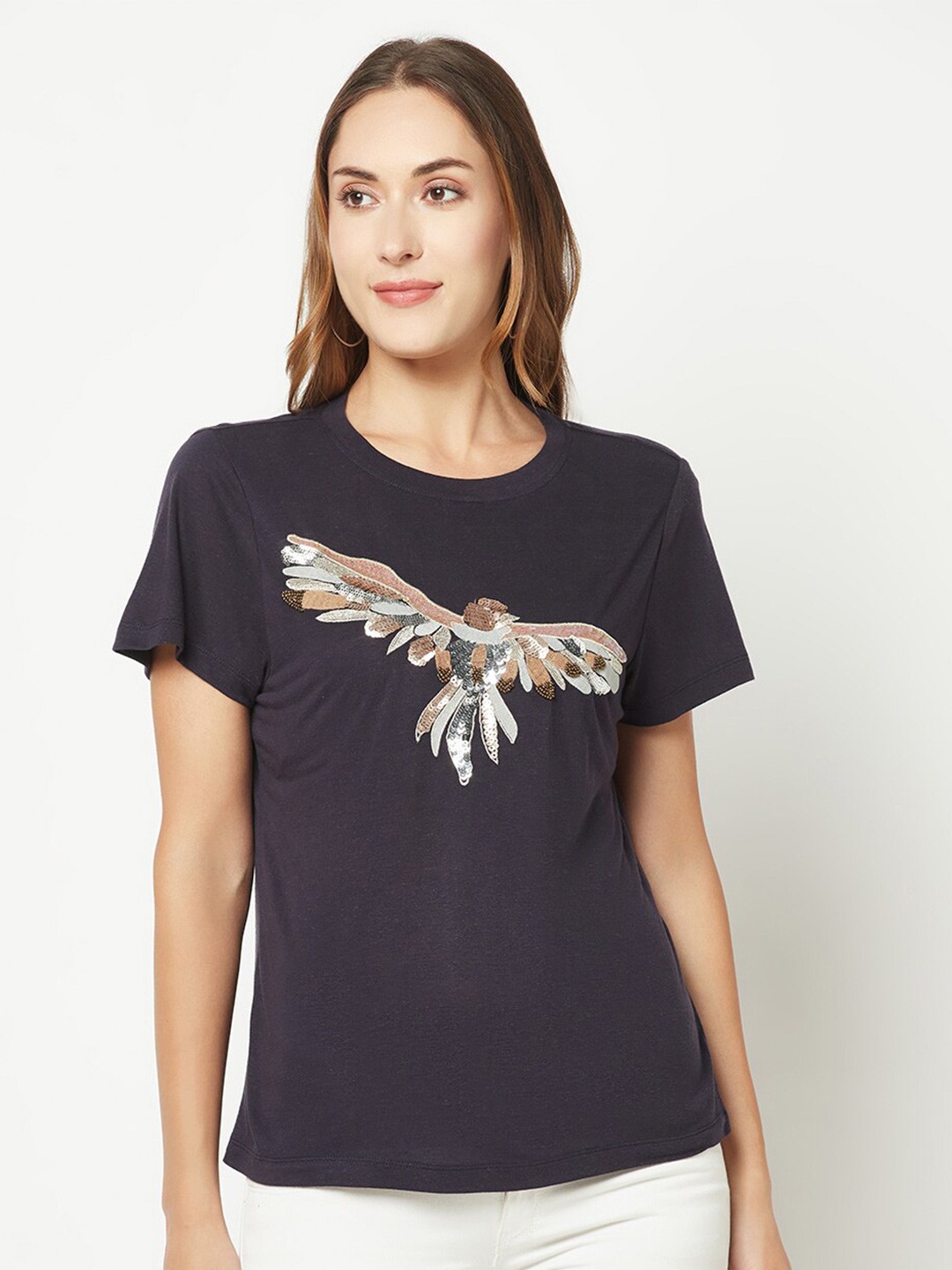 

HOUSE OF S Bird Sequinned Cotton T-shirt, Navy blue