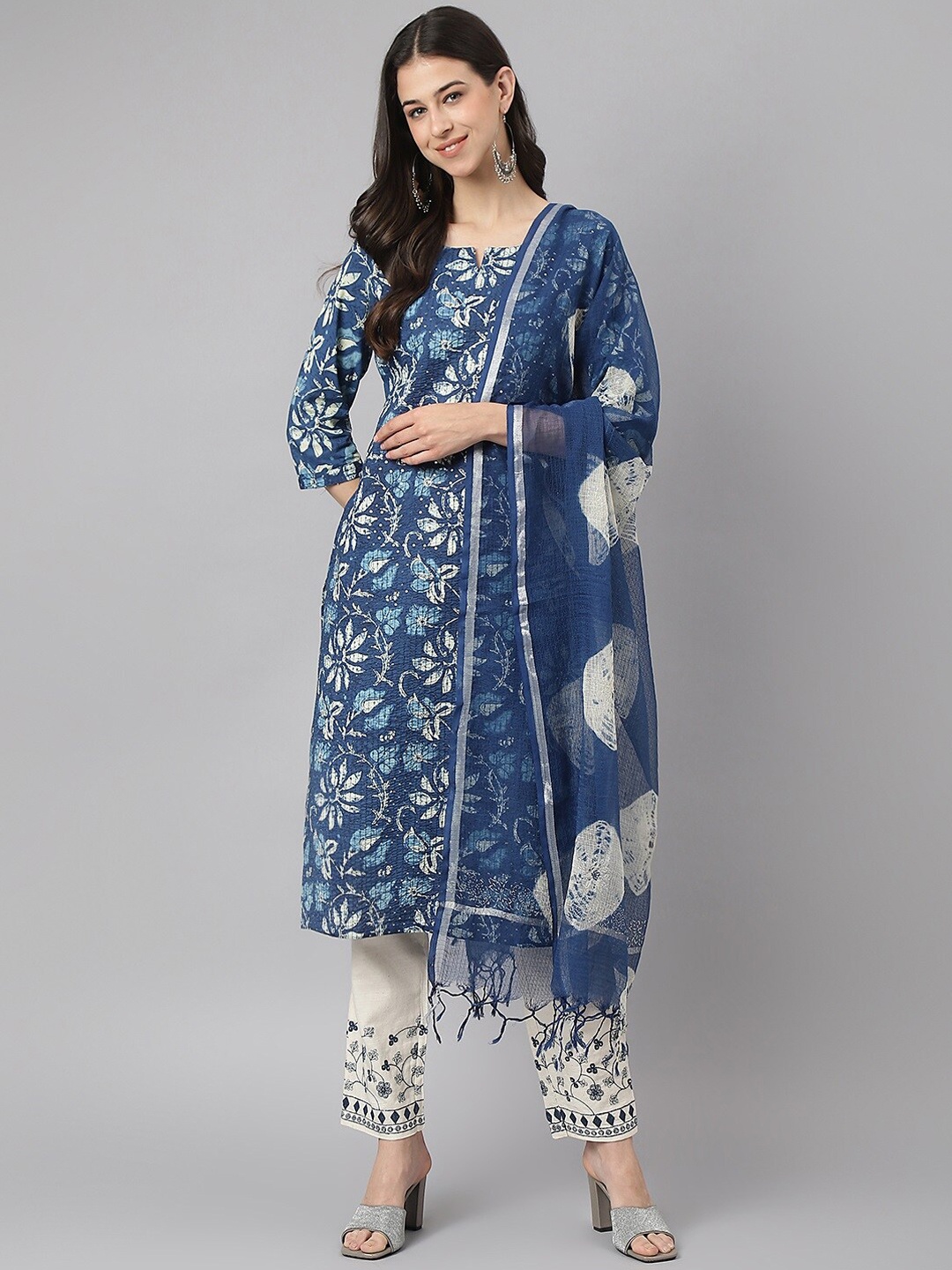 

Divena Floral Printed Sequinned Pure Cotton Kurta with Trousers & Dupatta, Navy blue