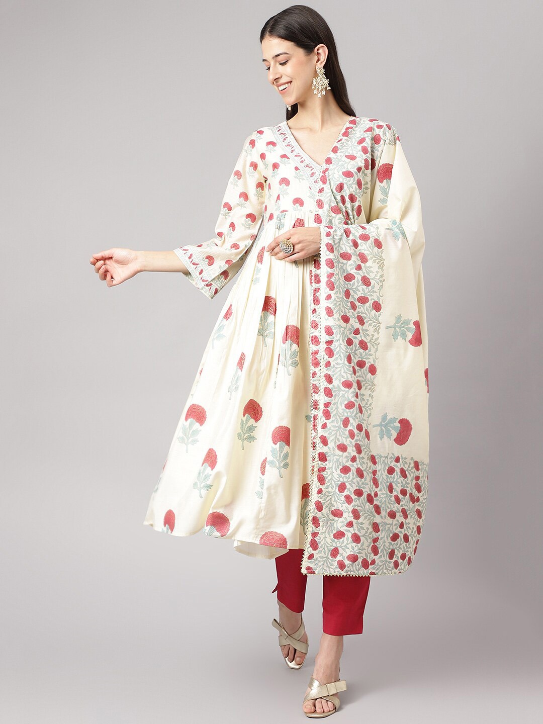 

Divena Floral Printed Anarkali Sequined Chanderi Cotton Kurta with Trousers & Dupatta, Cream