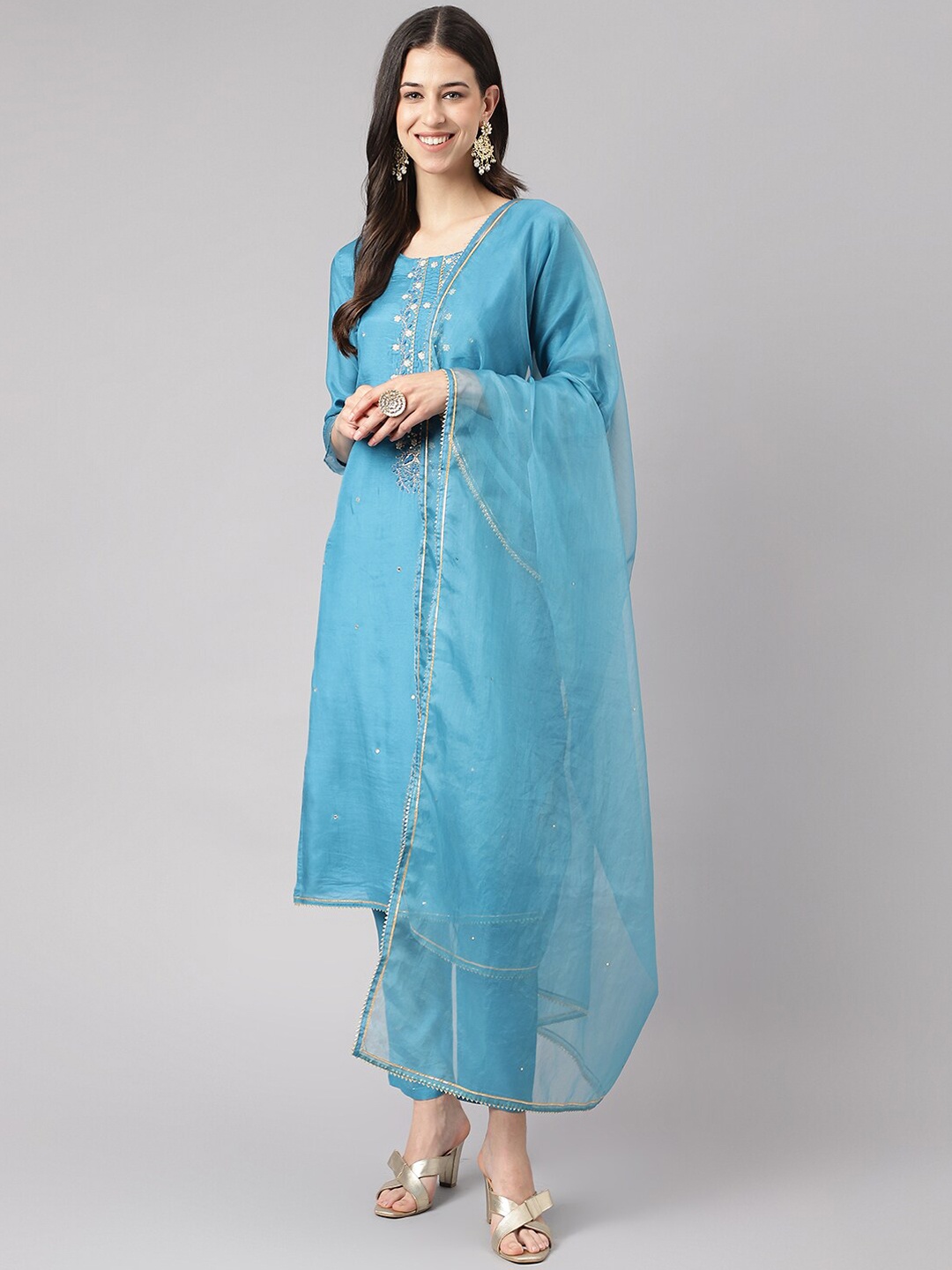 

Divena Floral Embroidered Gotta Patti Straight Kurta with Trousers & Dupatta, Blue