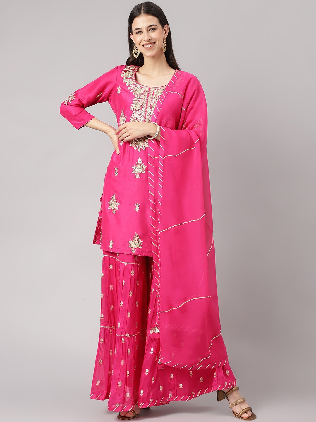 

Divena Floral Embroidered Zardozi Pure Silk Kurta with Sharara & Dupatta, Pink
