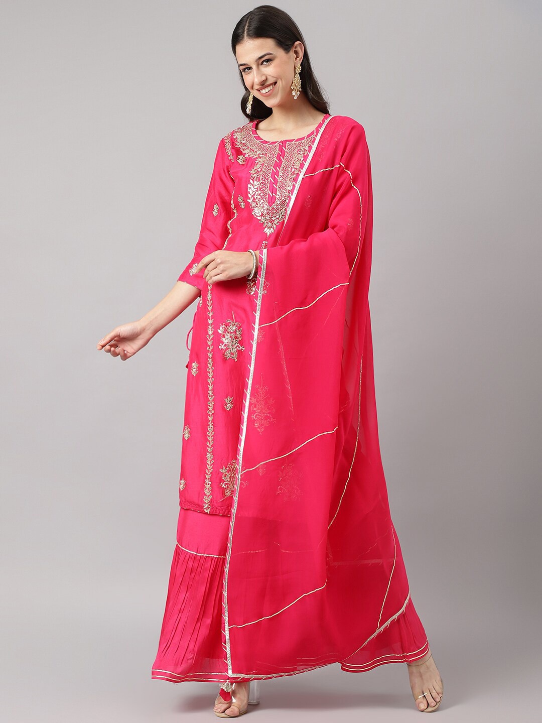 

Divena Embroidered Zardozi Gotta Patti Pure Silk Kurta with Sharara & Dupatta, Pink