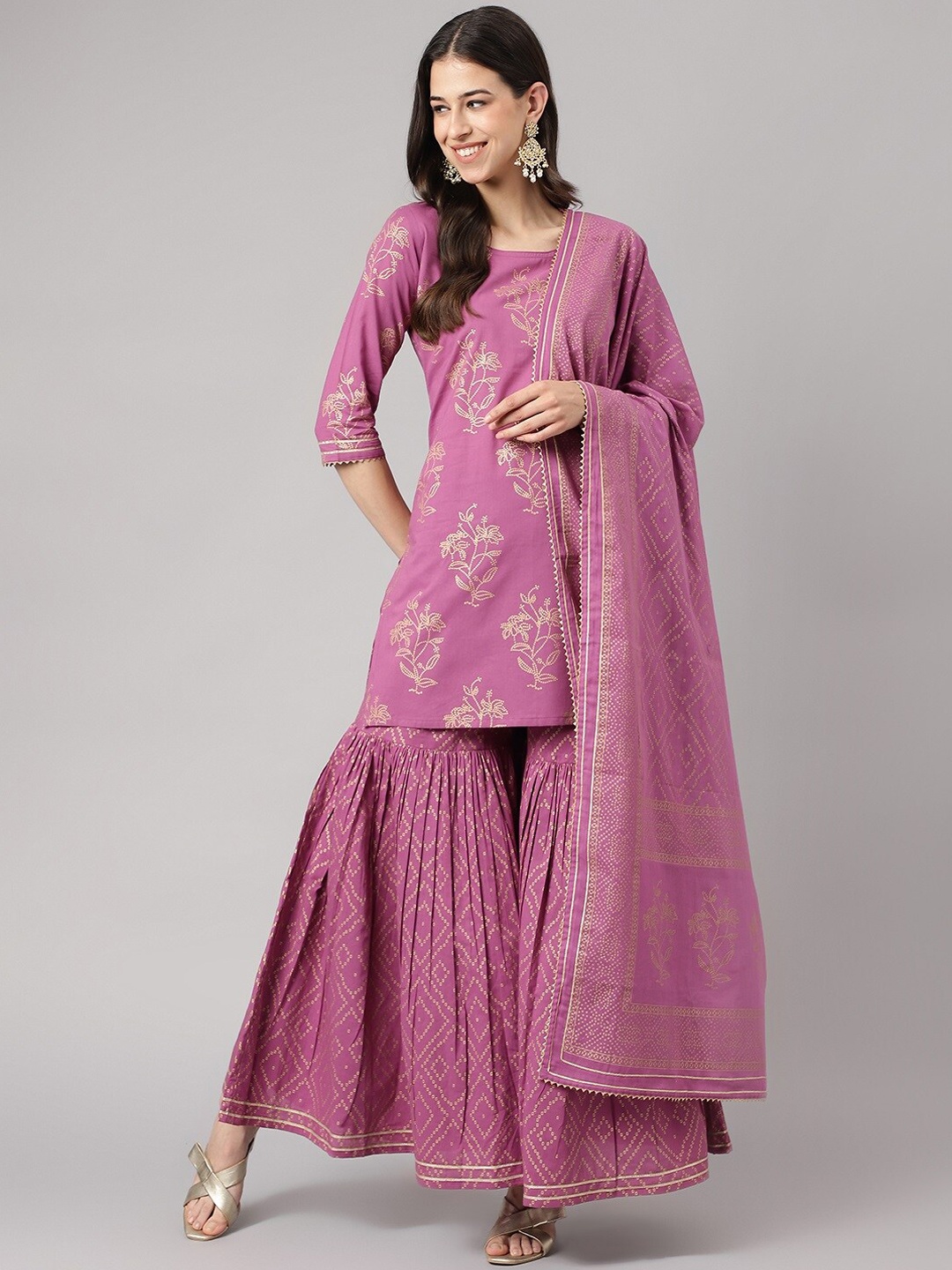 

Divena Women Pink Bandhani Printed Gotta Patti Pure Cotton Kurti with Sharara & With Dupatta