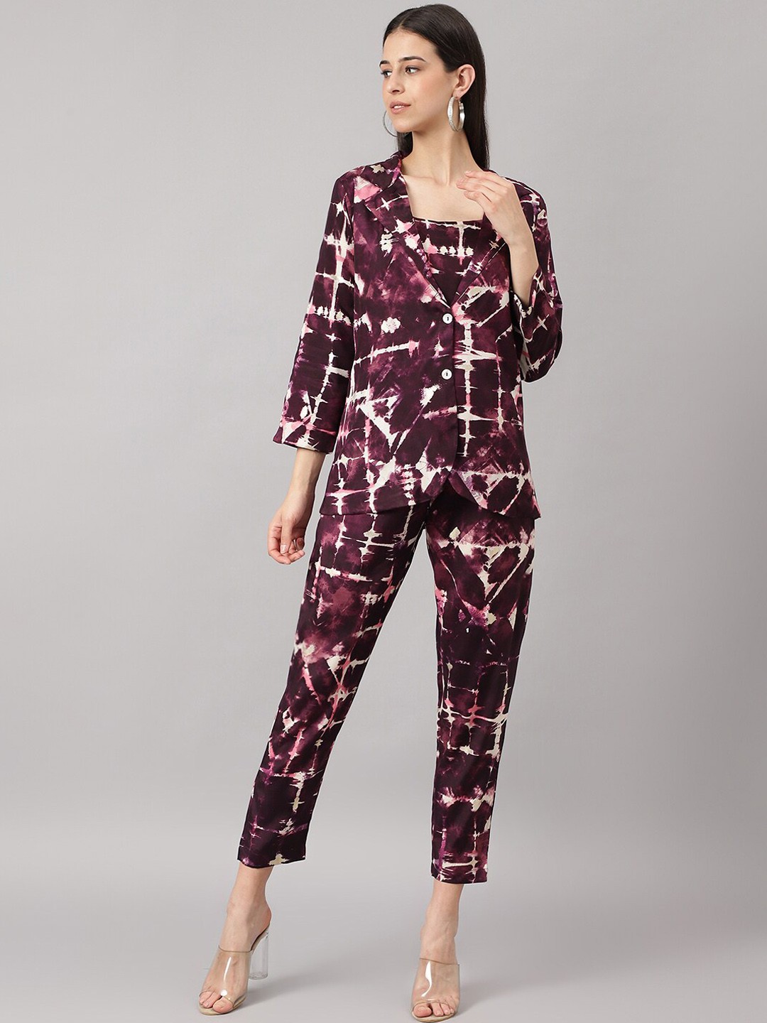 

Divena Tie & Dye Top With Trousers & With Jacket, Burgundy
