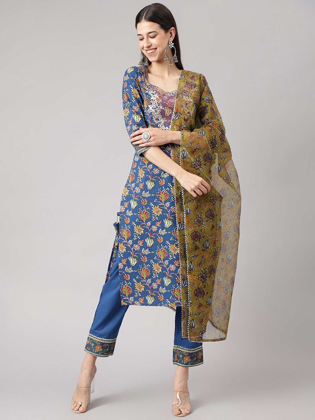 

Divena Floral Printed Zardozi Pure Cotton Kurta With Trousers & Dupatta, Blue