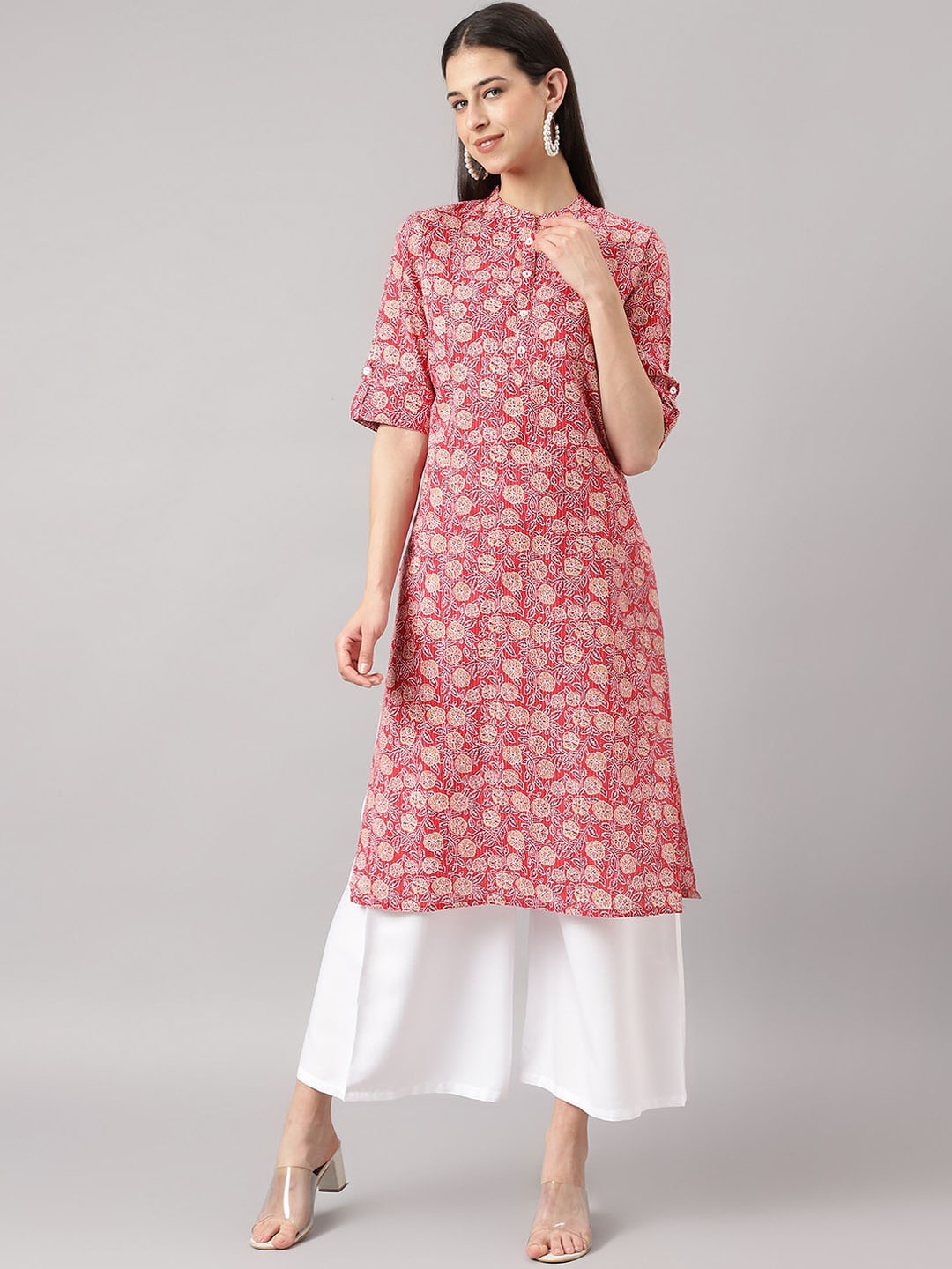 

Divena Floral Printed Band Collar Roll-Up Sleeves Straight Cotton Kurta, Red
