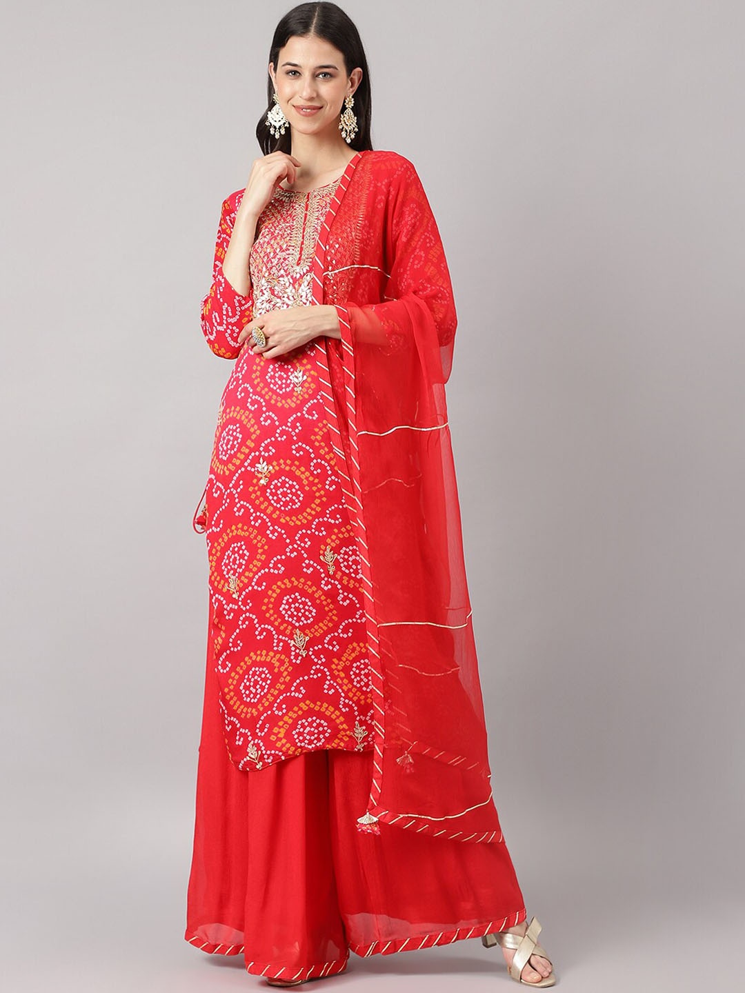 

Divena Bandhani Printed Gotta Patti Pure Silk Kurta with Palazzos & Dupatta, Red