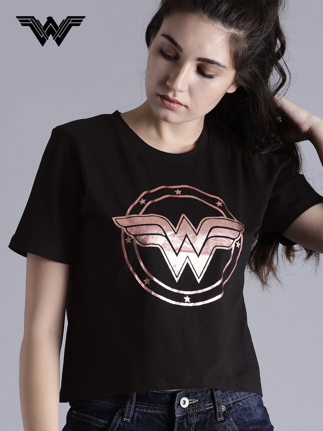 

Wonder Woman Black Printed Round Neck Crop Pure Cotton T-shirt