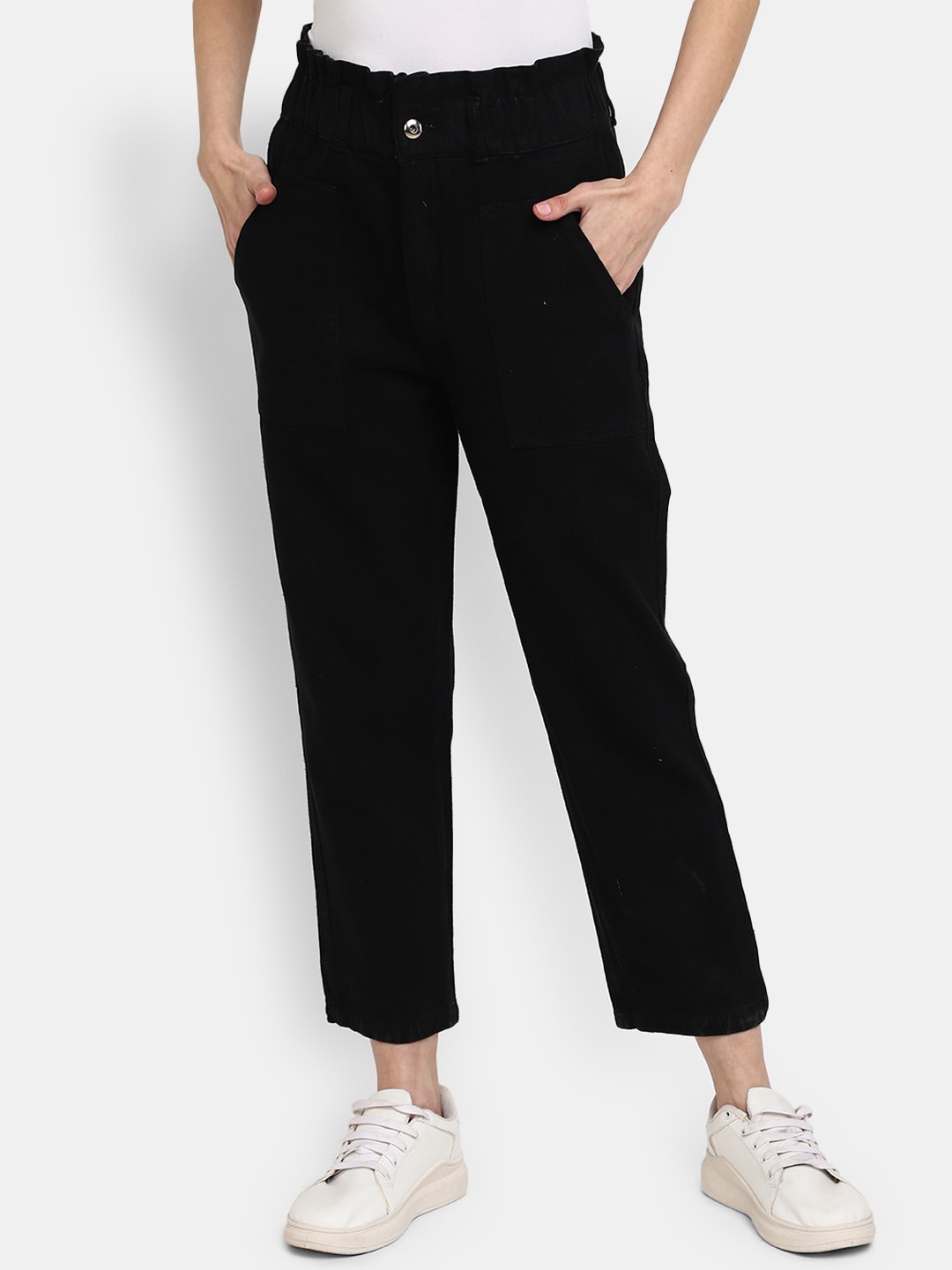 

V-Mart Women High-Rise Cropped Cotton Joggers, Black