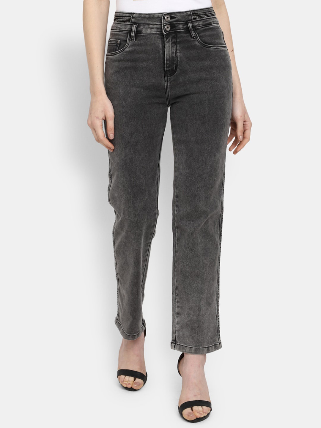 

V-Mart Women Heavy Fade High Waist Cotton Jeans, Grey