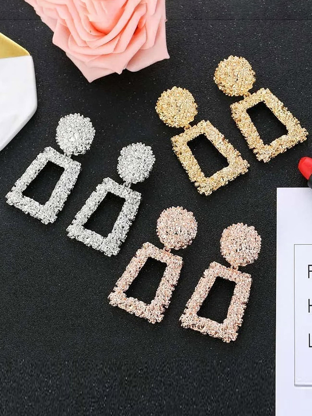 

Pinapes Set Of 3 Gold Plated Geometric Shaped Stone Beaded Drop Earrings, Silver
