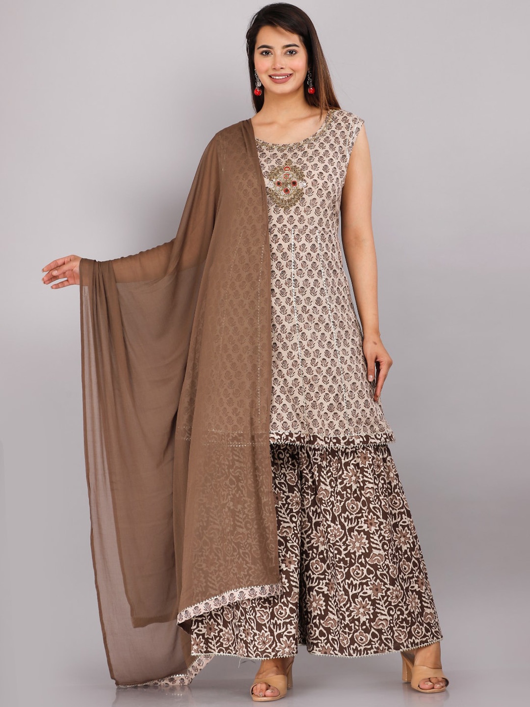 

HIGHLIGHT FASHION EXPORT Women Brown Floral Printed Beads and Stones Kurta with Sharara & With Dupatta