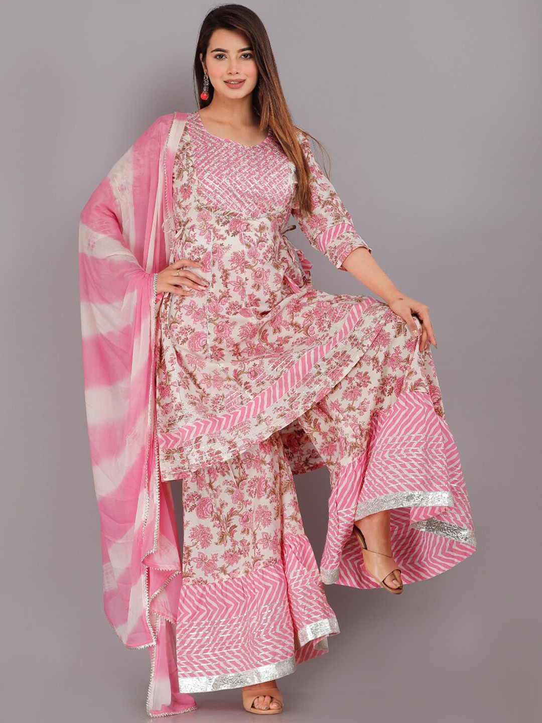 

HIGHLIGHT FASHION EXPORT Women Pink Floral Printed Empire Gotta Patti Pure Cotton Kurta with Sharara & With