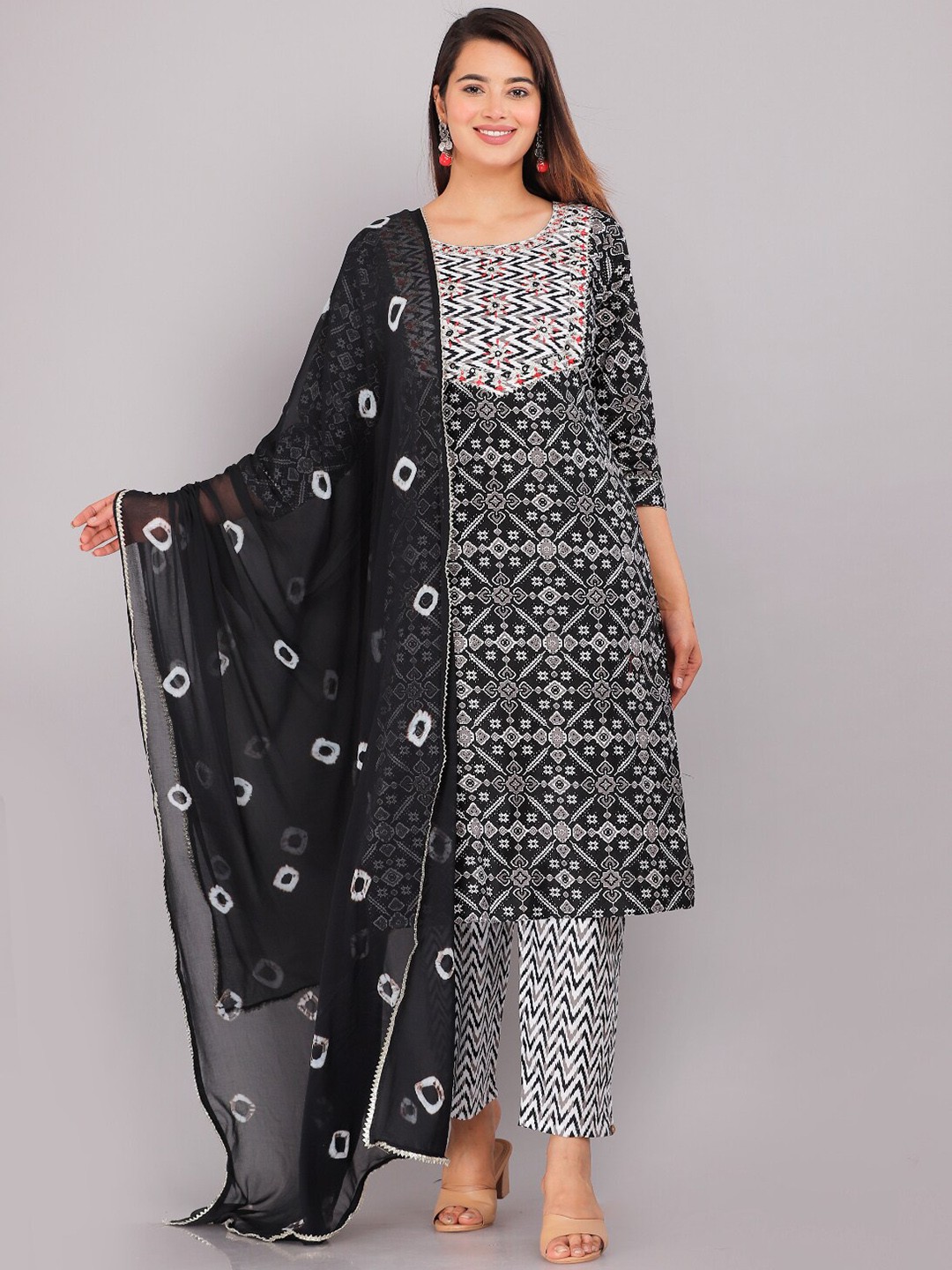 

HIGHLIGHT FASHION EXPORT Women Black Embroidered Pure Cotton Kurta with Trousers & With Dupatta