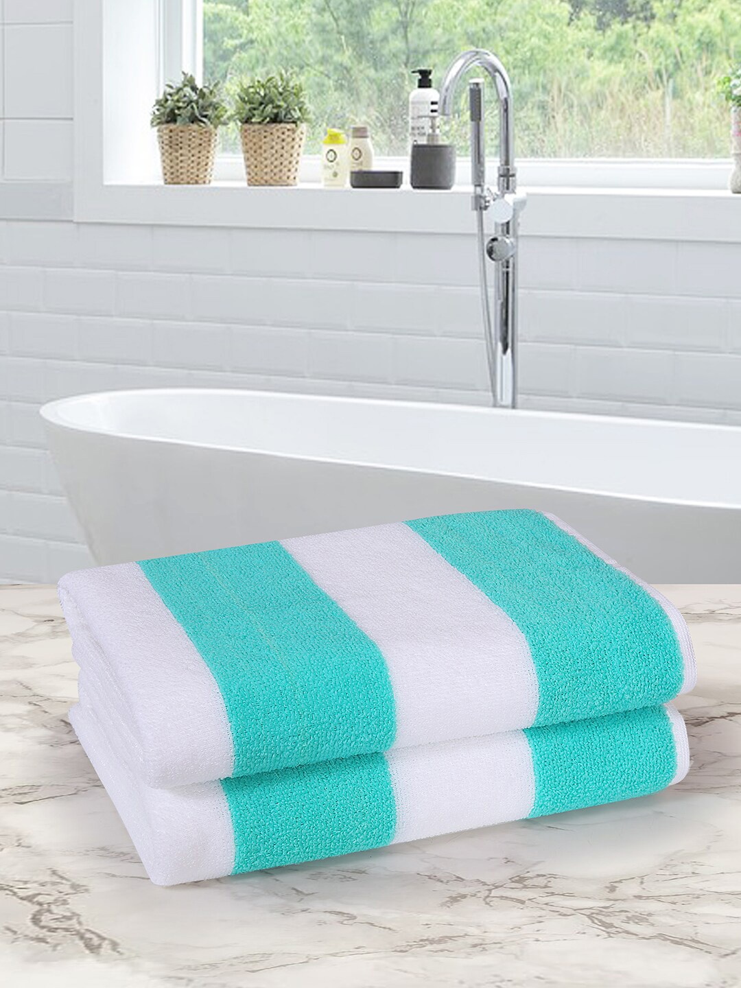 

ROMEE Green & White 2 Pieces Striped 350 GSM Microfiber Anti-Bacterial Bath Towels