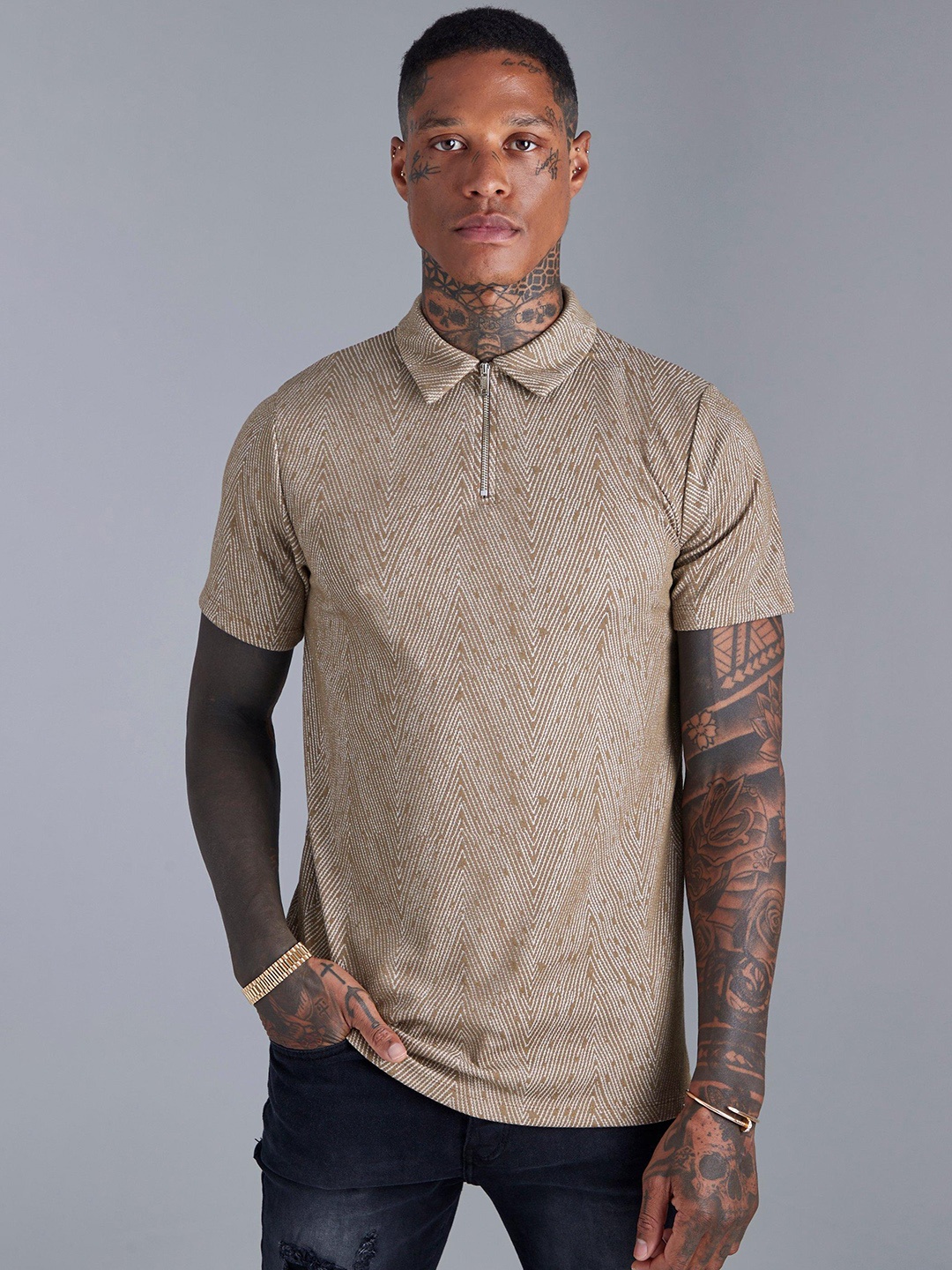 

boohooMAN Polo Collar Slim Fit Jacquard Woven T-shirt, Beige