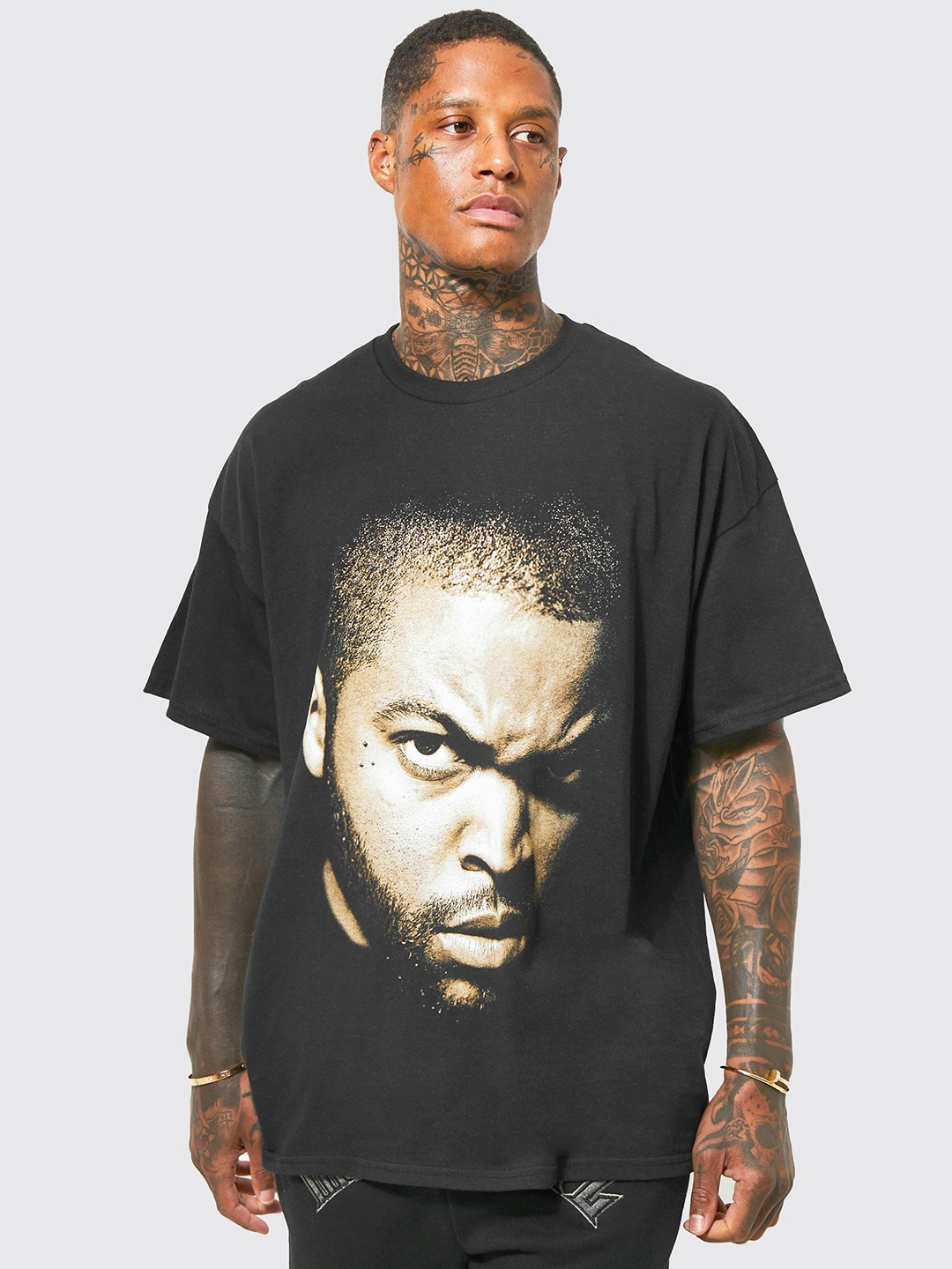 

boohooMAN Oversized Ice Cube Printed Drop-Shoulder Sleeves Pure Cotton T-shirt, Black