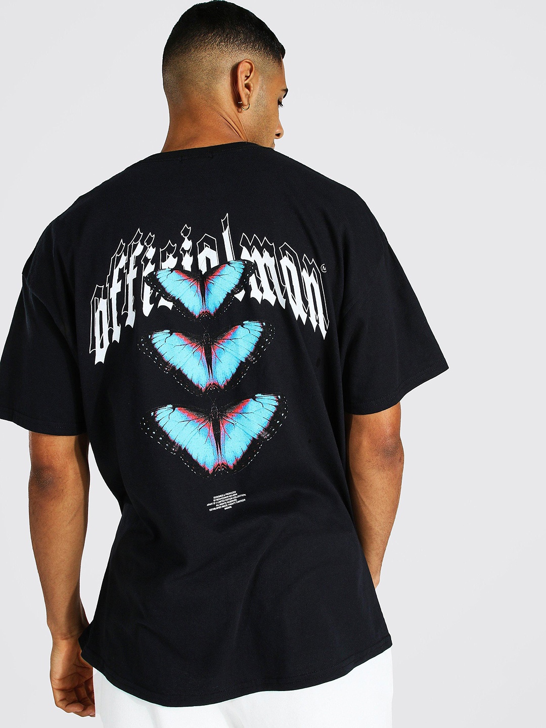 

boohooMAN Oversize Pure Cotton Butterfly Printed Drop-Shoulder Sleeves T-shirt, Black