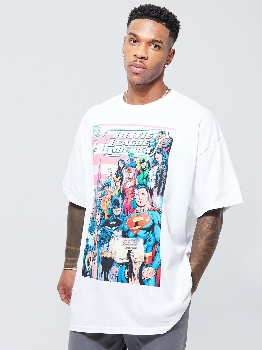 

boohooMAN Printed Drop-Shoulder Sleeves Pure Cotton Oversized T-shirt, White