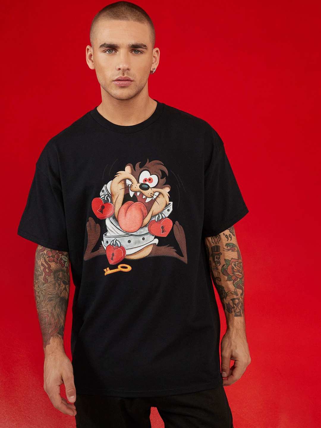 

boohooMAN Looney Tunes Print Pure Cotton Oversized T-shirt, Black