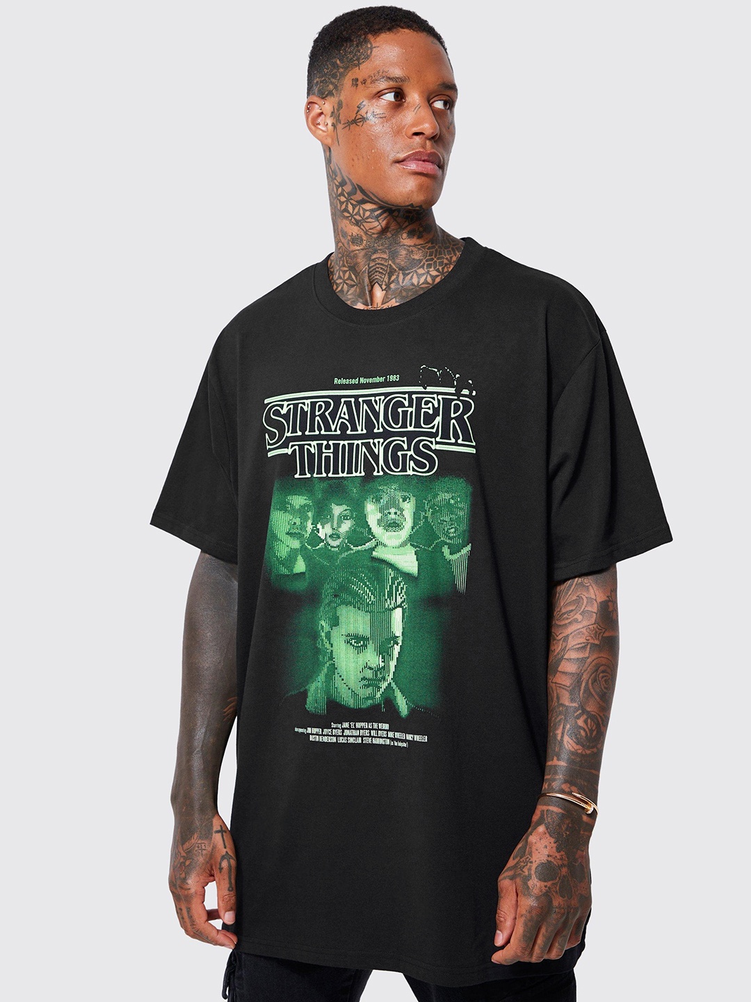 

boohooMAN Stranger Things Print Pure Cotton Oversized T-shirt, Black