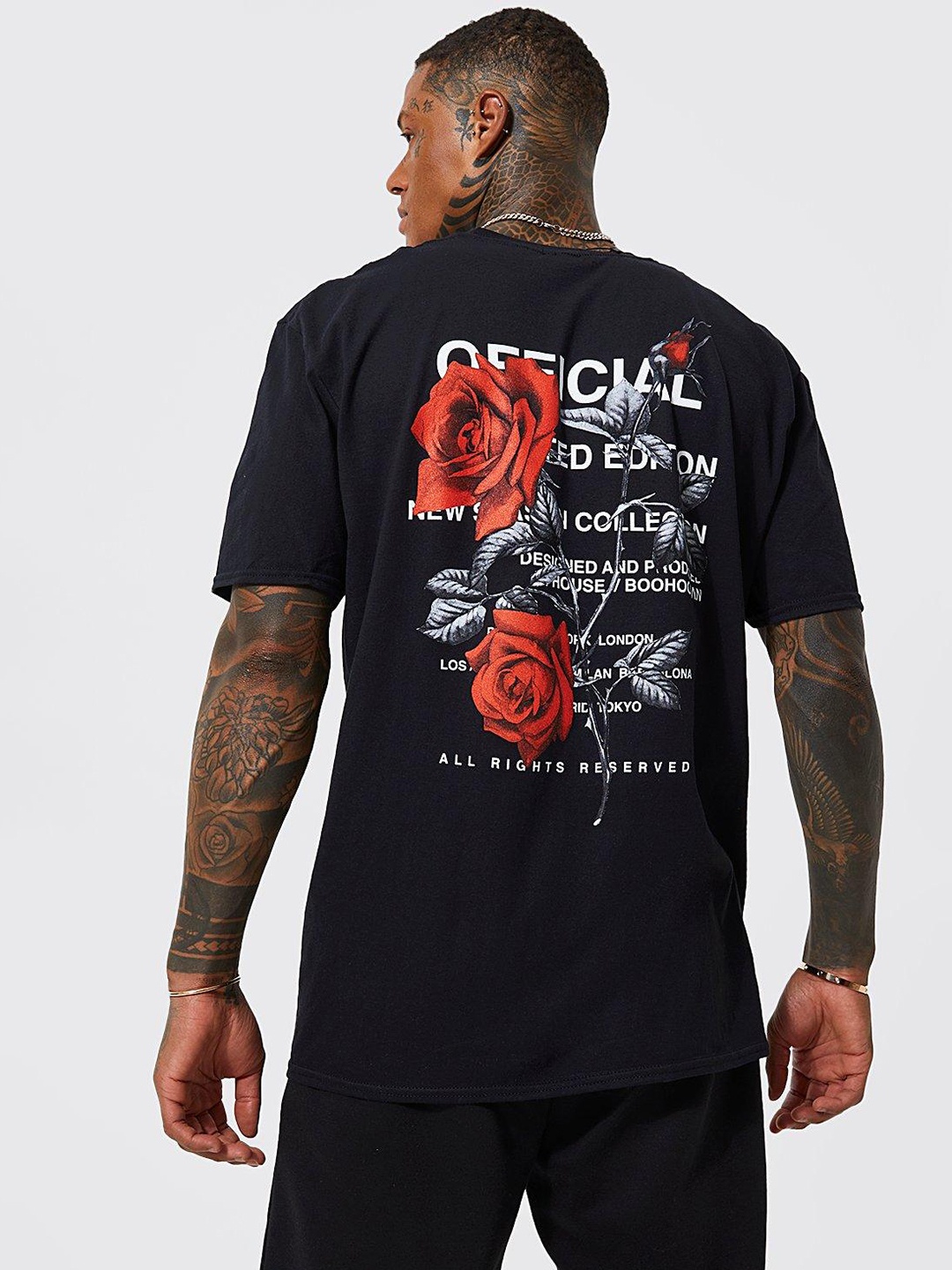 

boohooMAN Oversized Floral Printed Drop-Shoulder Sleeves Pure Cotton T-shirt, Black