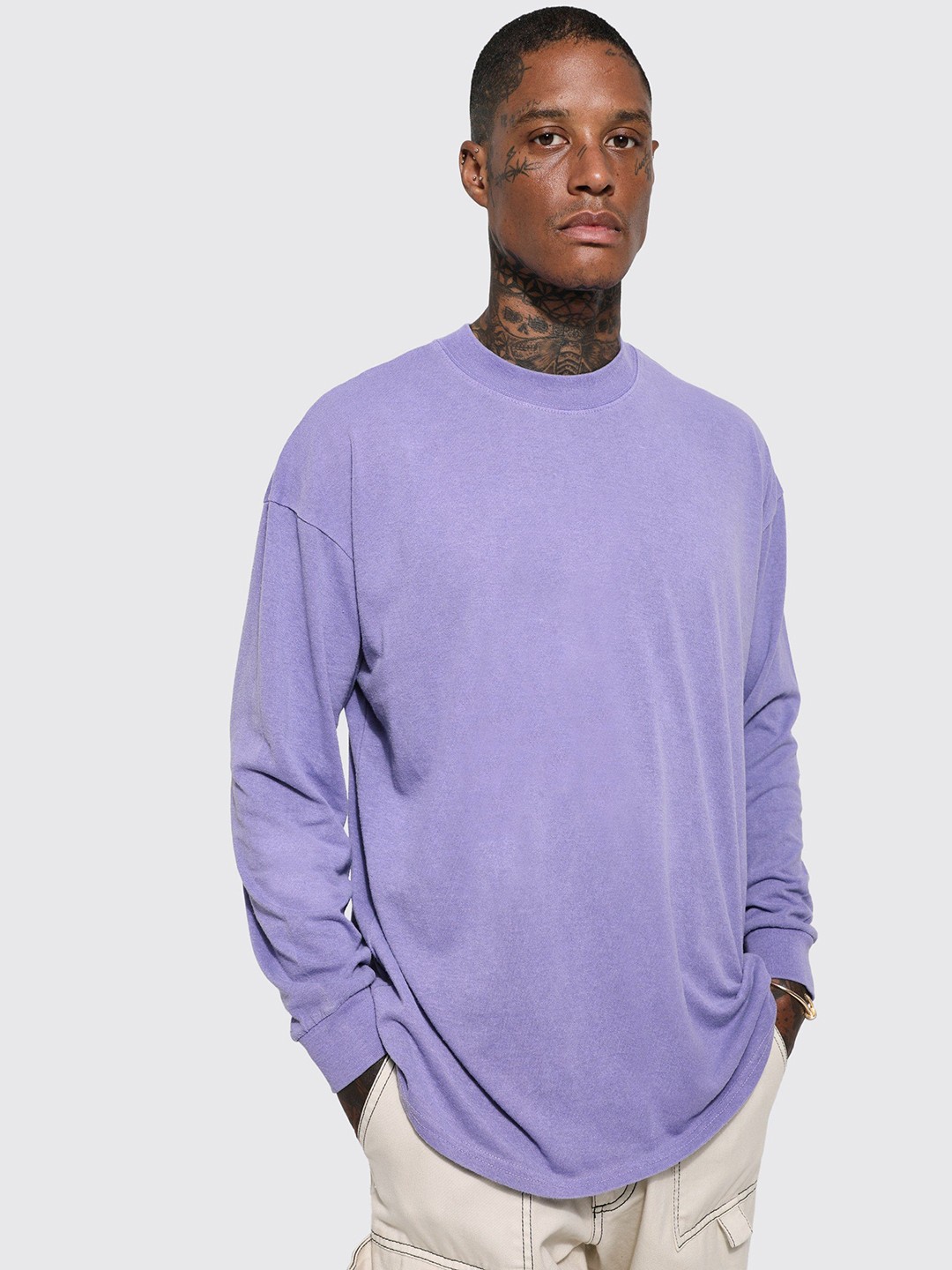 

boohooMAN Long Sleeves Pure Cotton Oversized T-shirt, Lavender