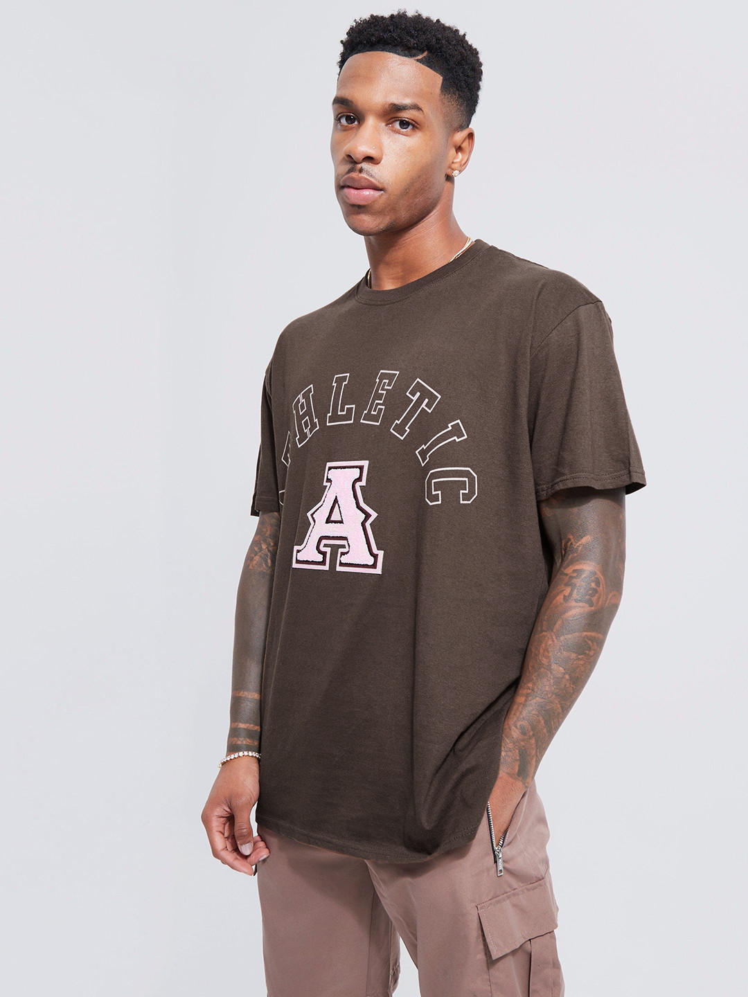 

boohooMAN Varsity Printed Drop-Shoulder Sleeves Pure Cotton Oversized T-shirt, Brown
